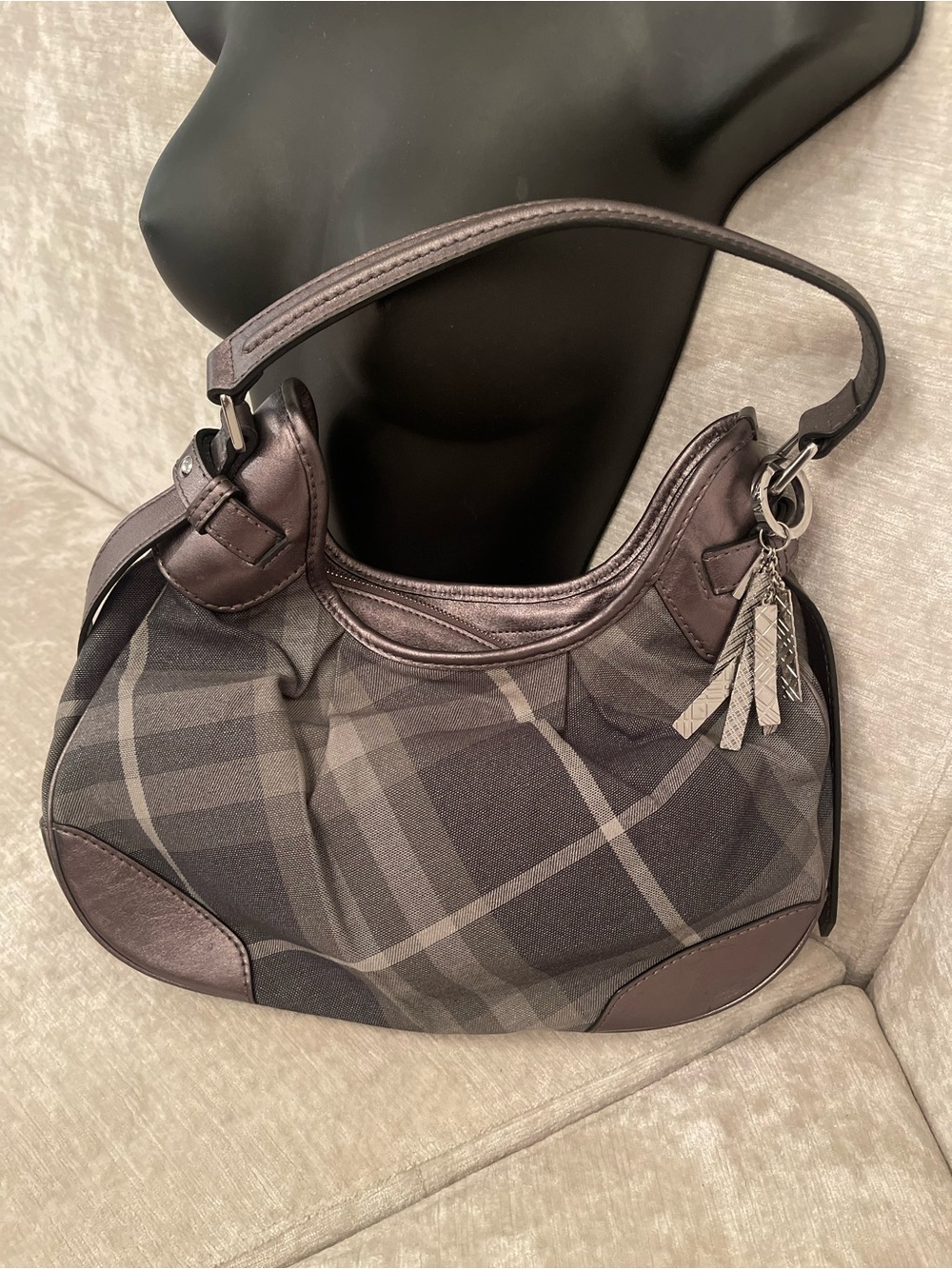 Burberry Charcoal Plaid Shoulder Hobo Bag - Picture 3 of 11
